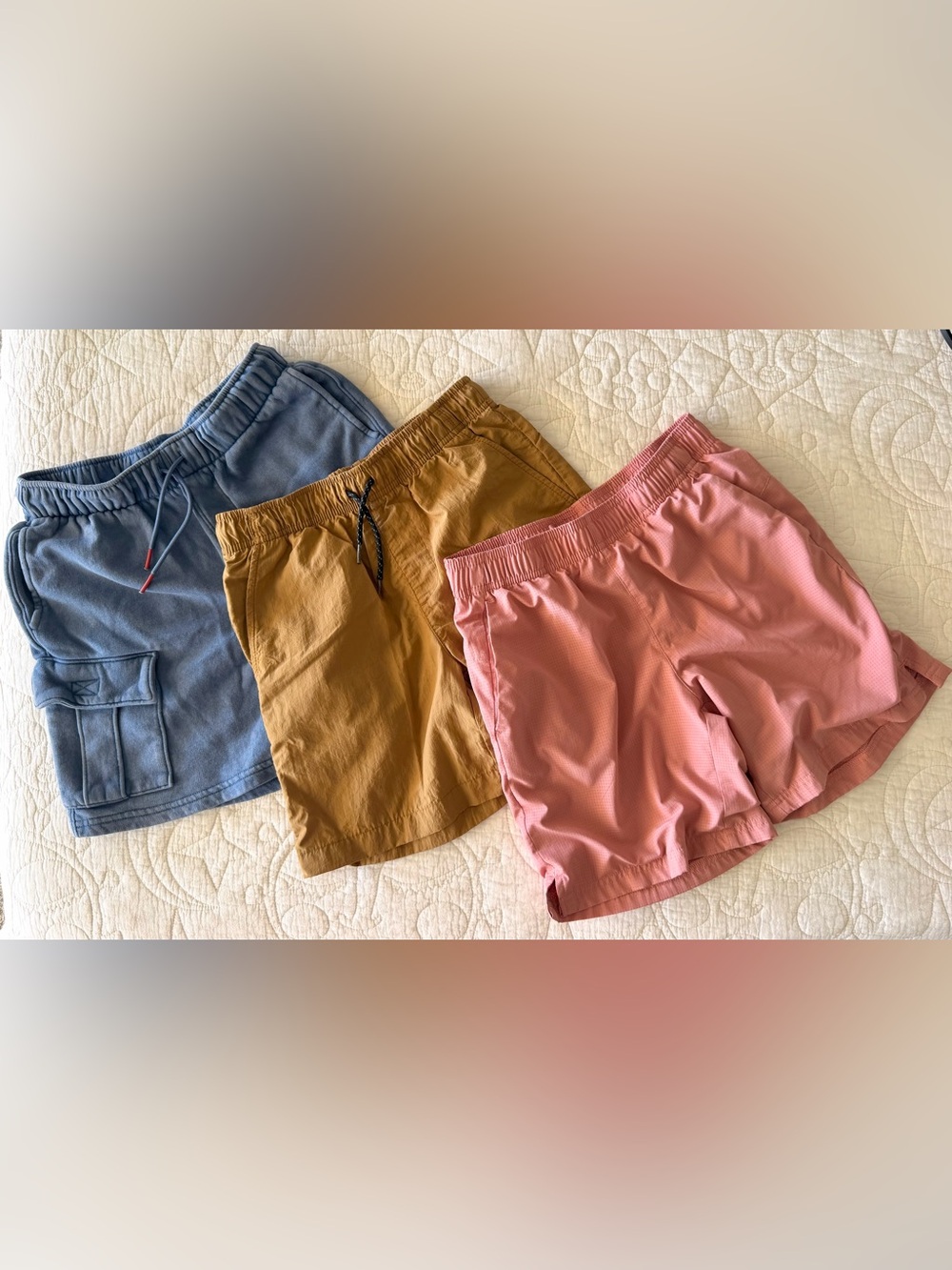 3 PAIRS All In Motion + Old Navy Boys Drawstring Shorts - Pink, Tan, Blue - Sz L